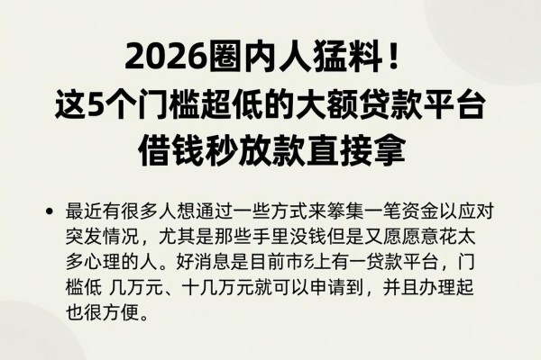 2026圈内人猛料！这5个门槛超低的大额贷款平台，借钱秒放款直接拿