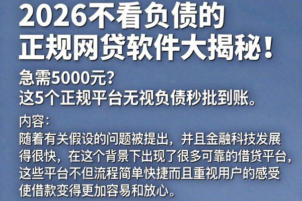 2026不看负债的正规网贷软件大揭秘！急需5000元？这5个正规平台无视负债秒批到账