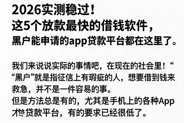 2026实测稳过!这5个放款最快的借钱软件,黑户能申请的App贷款平台都在这里了