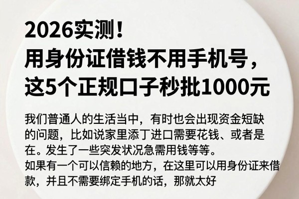 2026实测!用身份证借钱不用手机号,这5个正规口子秒批1000元