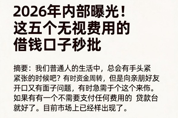2026年内部曝光！这五个无视费用的借钱口子秒批，没有费用的贷款平台真香