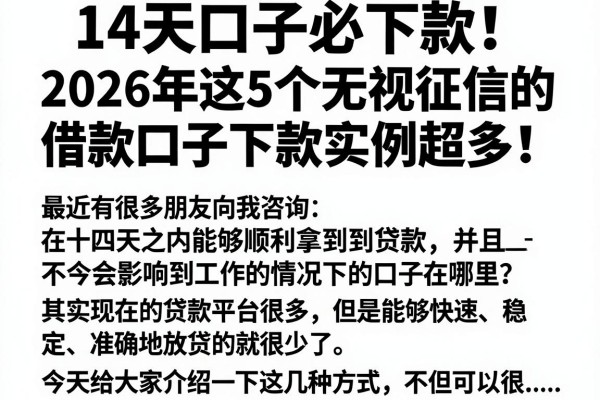 14天口子必下款！2026年这5个无视征信的借款口子下款实例超多