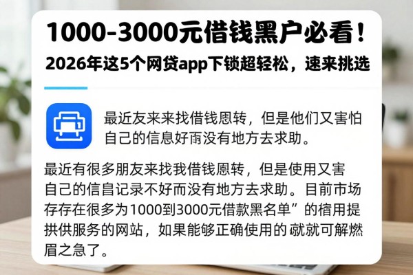 1000-3000元借钱黑户必看!2026年这5个网贷app下款超轻松,速来挑选