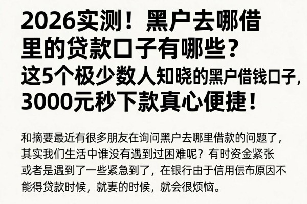 2026实测！黑户去哪借里的贷款口子有哪些？这5个极少数人知晓的黑户借钱口子，3000元秒下款真心便捷！