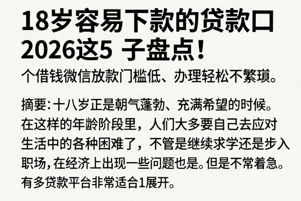 18岁容易下款的贷款口子盘点!2026这5个借钱微信放款门槛低、办理轻松不繁琐