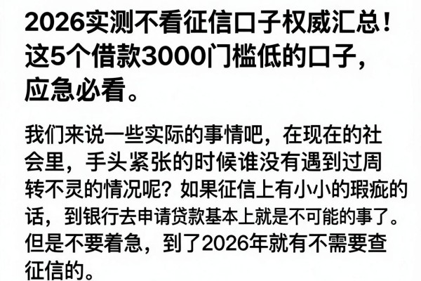 2026实测不看征信口子权威汇总！这5个借款3000门槛低的口子，应急必看