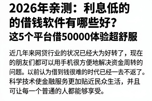 2026年亲测：利息低的借钱软件有哪些好？这5个平台借50000体验超舒服