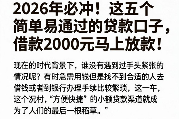 2026年必冲！这五个简单易通过的贷款口子，借款2000元马上放款