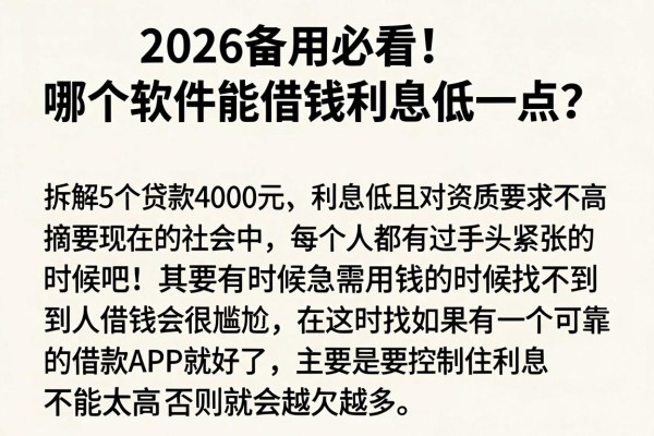 2026备用必看！哪个软件能借钱利息低一点？拆解5个贷款4000元、利息低且对资质要求不高的优质平台
