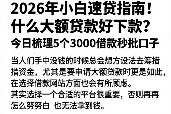 2026年小白速贷指南！什么大额贷款好下款？今日梳理5个3000借款秒批口子