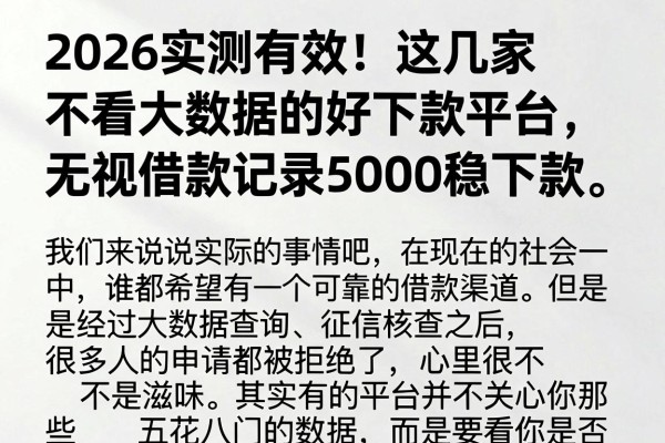 2026实测有效！这几家不看大数据的好下款平台，无视借款记录5000稳下款