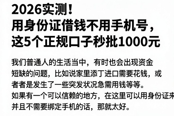 2026实测!用身份证借钱不用手机号,这5个正规口子秒批1000元