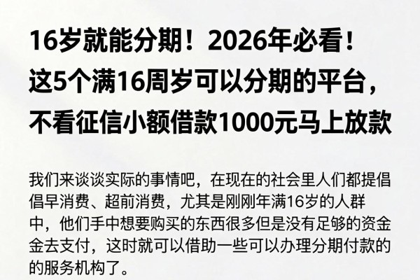 16岁就能分期!2026年必看:这5个满16周岁可以分期的平台,不看征信小额借款1000元马上放款