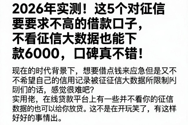 2026年实测!这5个对征信要求不高的借款口子,不看征信大数据也能下款6000,口碑真不错