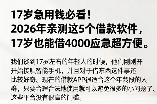 17岁急用钱必看!2026年亲测这5个借款软件,17岁也能借4000应急超方便