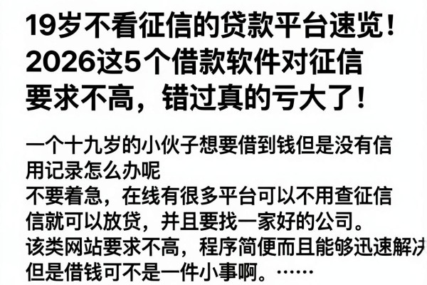 19岁不看征信的贷款平台速览！2026这5个借款软件对征信要求不高，错过真的亏大了