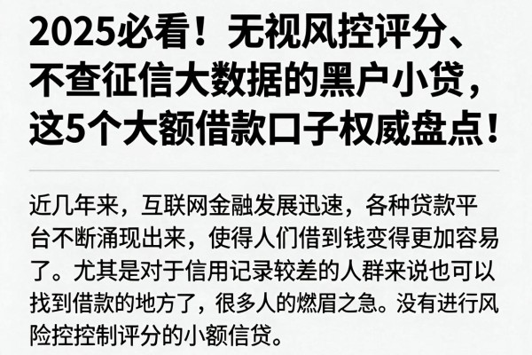 2025必看!无视风控评分、不查征信大数据的黑户小贷,这5个大额借款口子权威盘点!