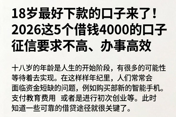 18岁最好下款的口子来了!2026这5个借钱4000的口子征信要求不高、办事高效