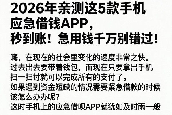 2026年亲测这5款手机应急借钱APP，秒到账！急用钱千万别错过