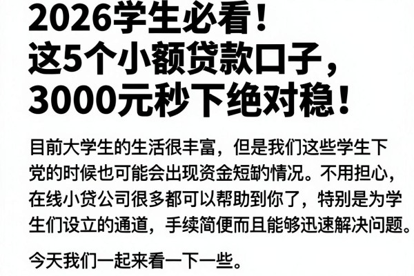 2026学生必看！这5个小额贷款口子，3000元秒下绝对稳！