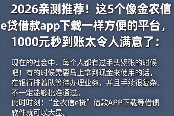 2026亲测推荐！这5个像金农信e贷借款app下载一样方便的平台，1000元秒到账太令人满意了