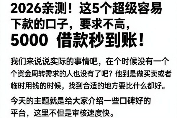 2026亲测！这5个超级容易下款的口子，要求不高，5000借款秒到账！