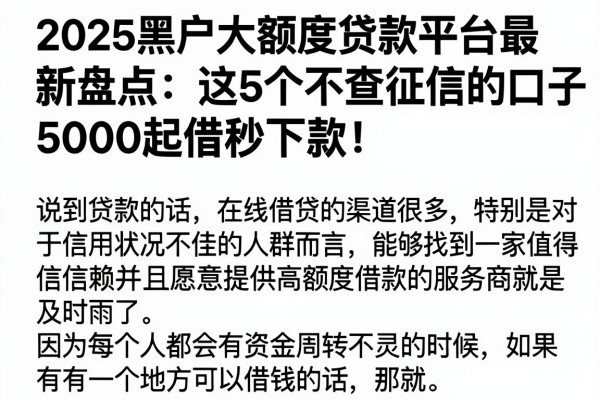 2025黑户大额度贷款平台最新盘点：这5个不查征信的口子，5000起借秒下款！