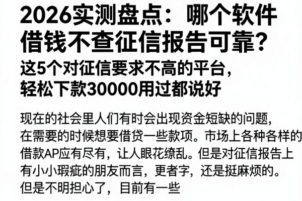 2026实测盘点：哪个软件借钱不查征信报告可靠？这5个对征信要求不高的平台，轻松下款30000用过都说好