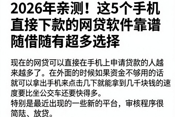 2026年亲测！这5个手机直接下款的网贷软件靠谱，随借随有超多选择