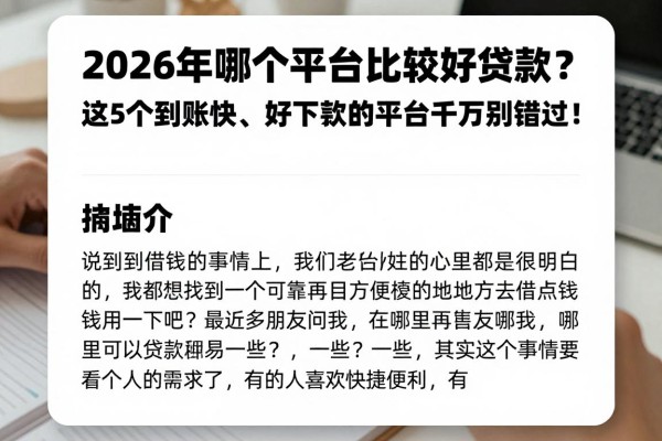 2026年哪个平台比较好贷款？这5个到账快、好下款的平台千万别错过！