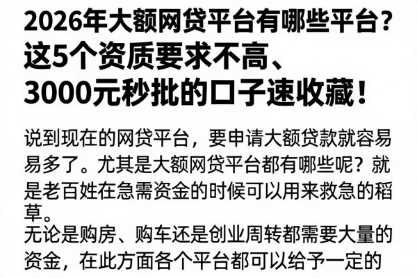 2026年大额网贷平台有哪些平台?这5个资质要求不高、3000元秒批的口子速收藏!