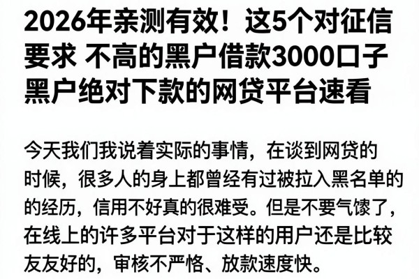 2026年亲测有效!这5个对征信要求不高的黑户借款3000口子,号称黑户绝对下款的网贷平台速看