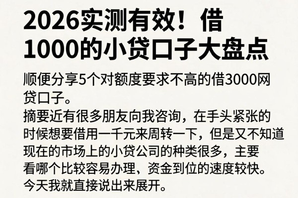 2026实测有效!借1000的小贷口子大盘点,顺便分享5个对额度要求不高的借3000网贷口子