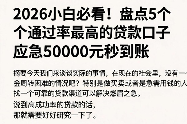 2026小白必看!盘点5个通过率最高的贷款口子,应急50000元秒到账