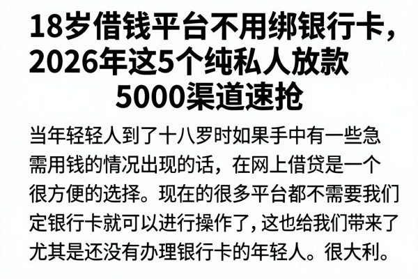 18岁借钱平台不用绑银行卡，2026年这5个纯私人放款5000渠道速抢