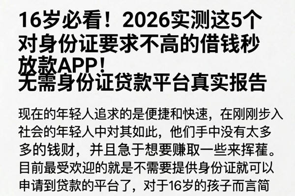 16岁必看!2026实测这5个对身份证要求不高的借钱秒放款APP,无需身份证贷款平台真实报告