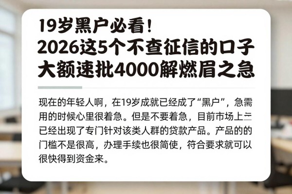19岁黑户必看!2026这5个不查征信的口子,大额速批4000解燃眉之急