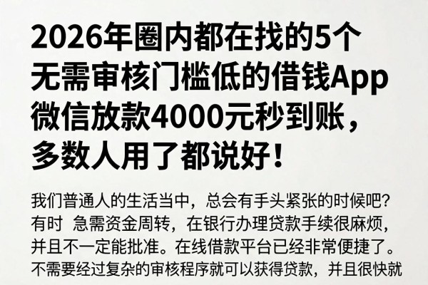 2026年圈内都在找的5个无需审核门槛低的借钱App,微信放款4000元秒到账,多数人用了都说好!