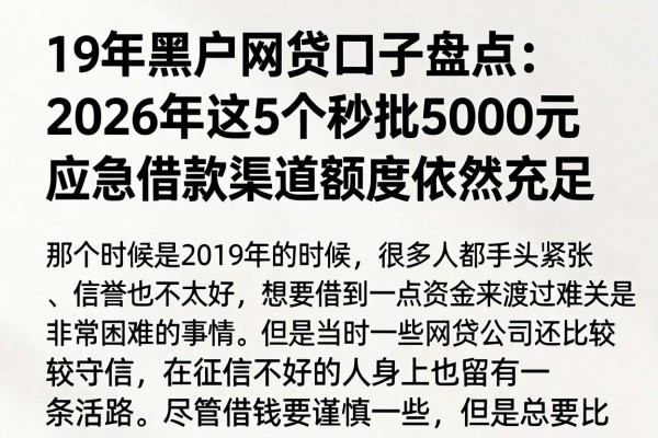 19年黑户网贷口子盘点:2026年这5个秒批5000元应急借款渠道额度依然充足