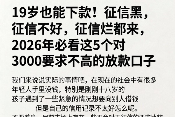 19岁也能下款！征信黑、征信不好、征信烂都来，2026年必看这5个对3000要求不高的放款口子