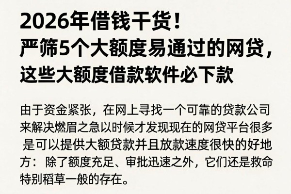 2026年借钱干货！严筛5个大额度易通过的网贷，这些大额度借款软件必下款