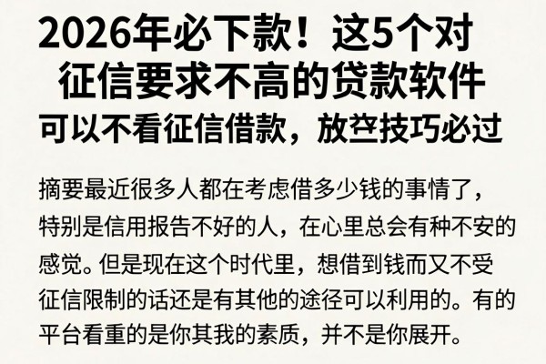 2026年必下款!这5个对征信要求不高的贷款软件,可以不看征信借款,放款技巧必过