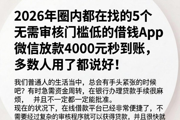 2026年圈内都在找的5个无需审核门槛低的借钱App,微信放款4000元秒到账,多数人用了都说好!