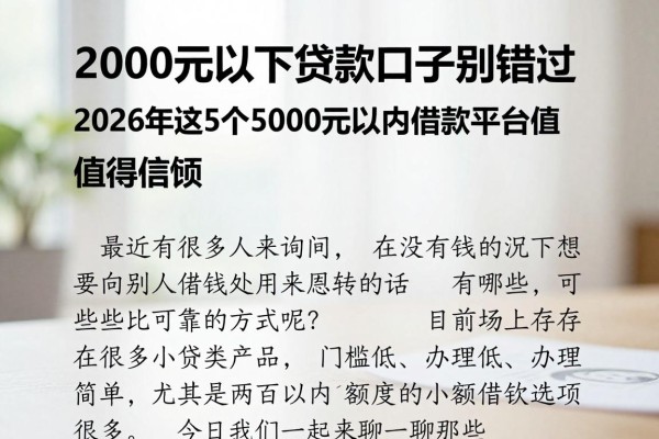 2000元以下贷款口子别错过！2026年这5个5000元以内借款平台值得信赖