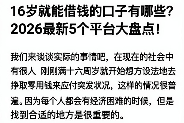 16岁就能借钱的口子有哪些？2026最新5个平台大盘点！