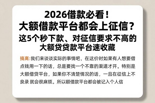 2026借款必看！大额借款平台都会上征信？这5个秒下款、对征信要求不高的大额贷款平台速收藏