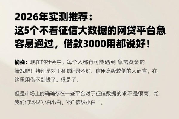 2026年实测推荐：这5个不看征信大数据的网贷平台最容易通过，借款3000用过都说好！