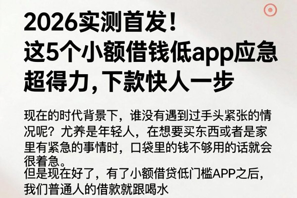 2026实测首发!这5个小额借钱低app应急超得力,下款快人一步