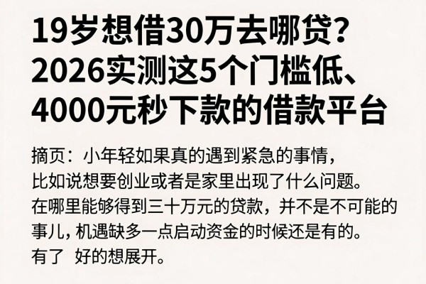 19岁想借30万去哪贷？2026实测这5个门槛低、4000元秒下款的借款平台