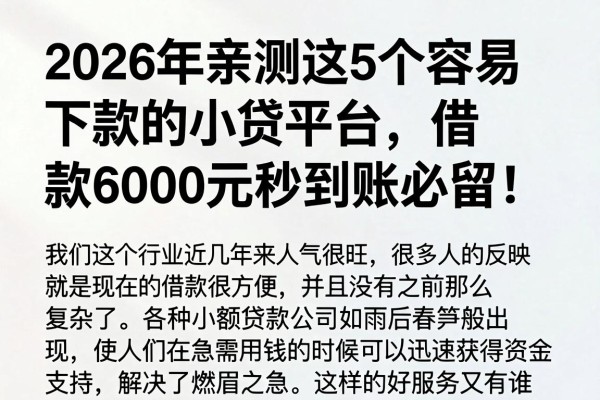 2026年亲测这5个容易下款的小贷平台,借款6000元秒到账必留!